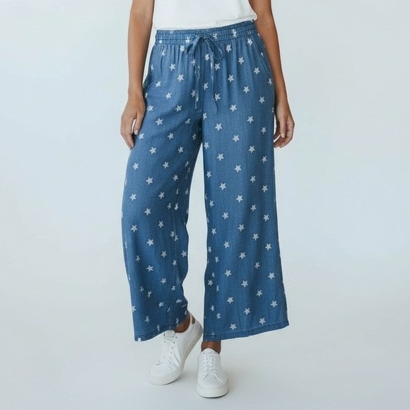 Laurie Felt Pants - New Laurie Felt Pants Women M Blue Wide Leg Cropped Stars Drawstring Lyocell